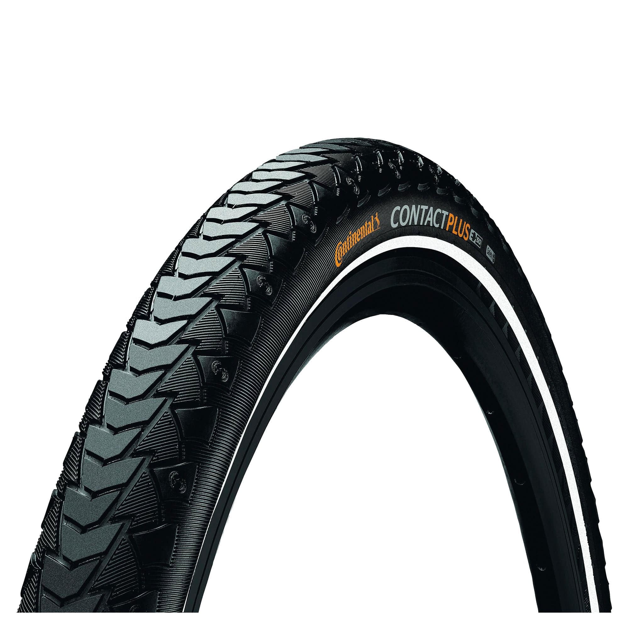 Continental Contact Plus Reflex tyre with puncture protection and reflective sidewalls, ideal for cycling components.