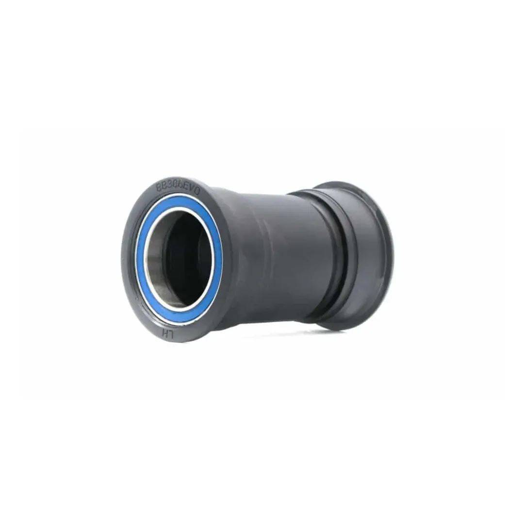 Praxis Works M30 Thru BB 386 EVO bottom bracket for MTB cranks with collet system, shown installed in bike frame.