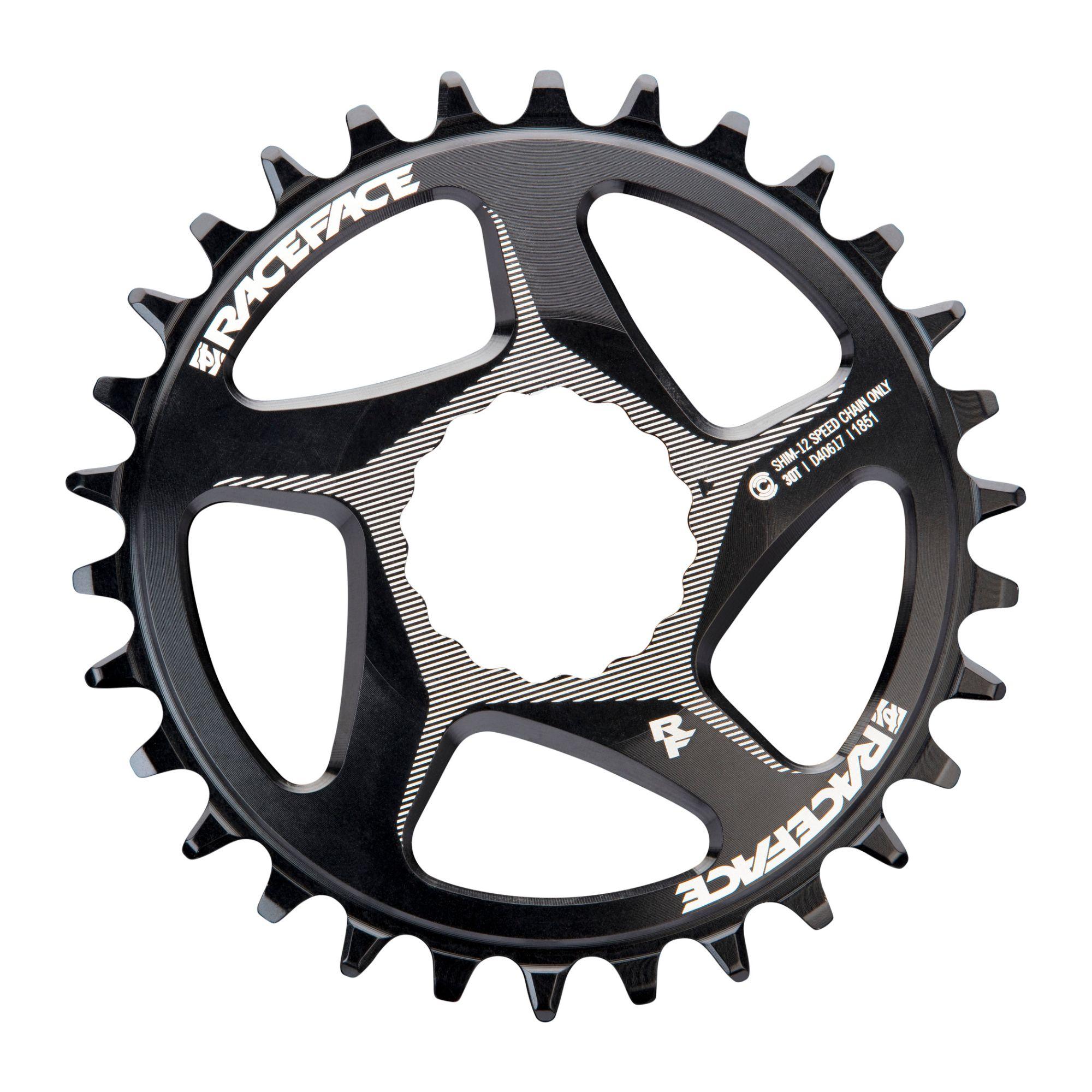 Race Face direct mount chainring for Shimano 12-speed with CINCH system, showing the black metal component mounted on a bike crank.