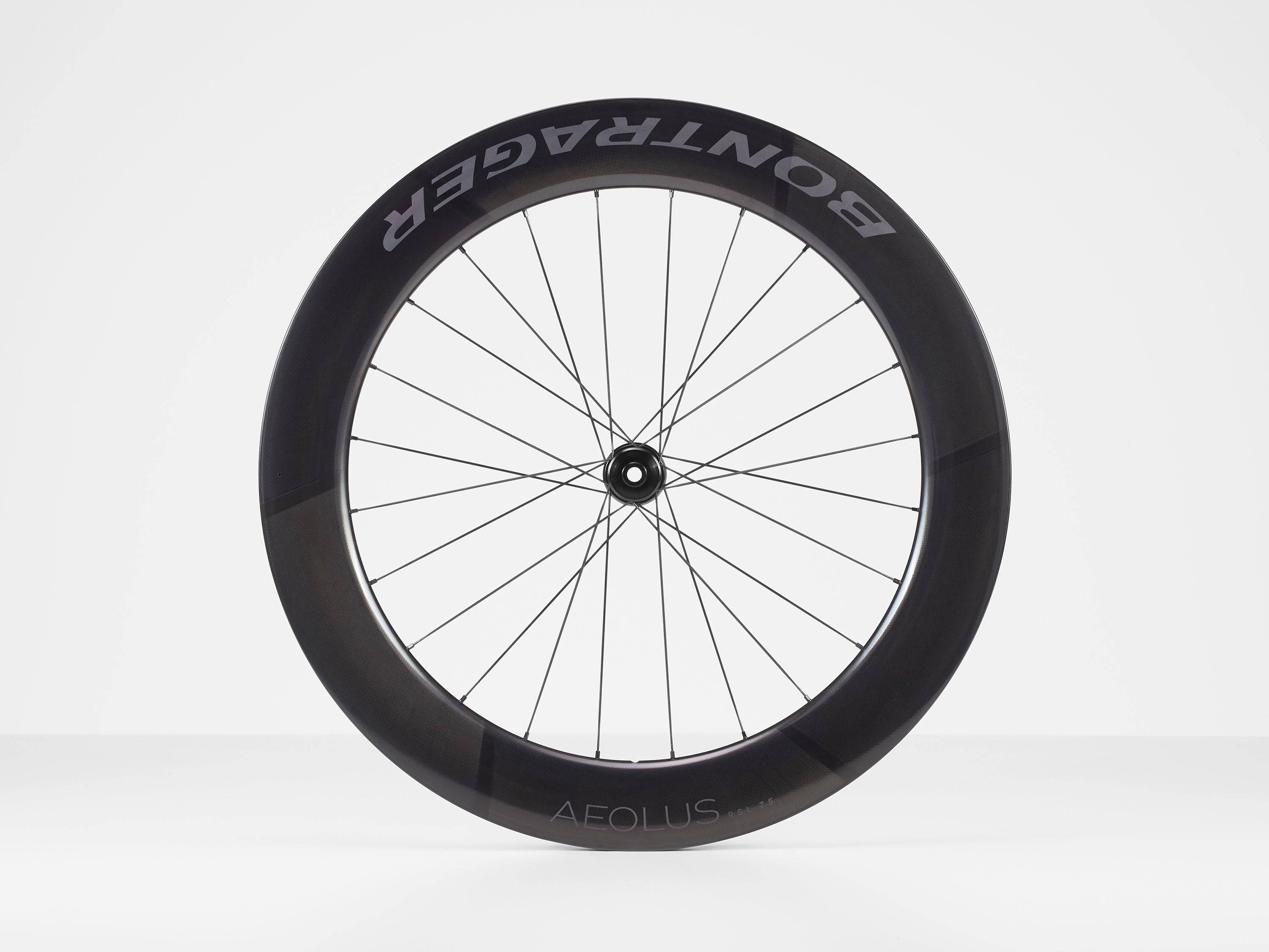 Bontrager Aeolus RSL 75 TLR disc road wheels with tubeless-ready carbon aero rims and sleek aerodynamic design.