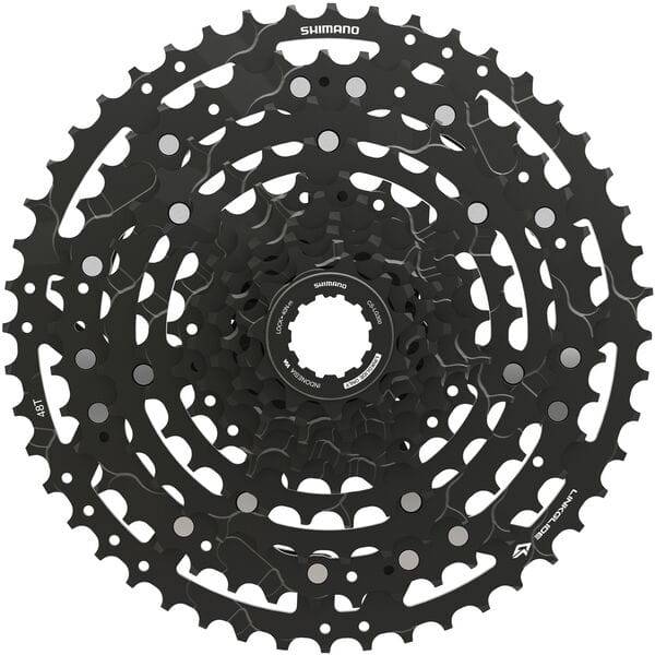 Shimano CUES CS-LG300-10 Link Glide 10-speed cassette for multi-purpose and e-bikes, showing the metal sprockets and gear teeth.