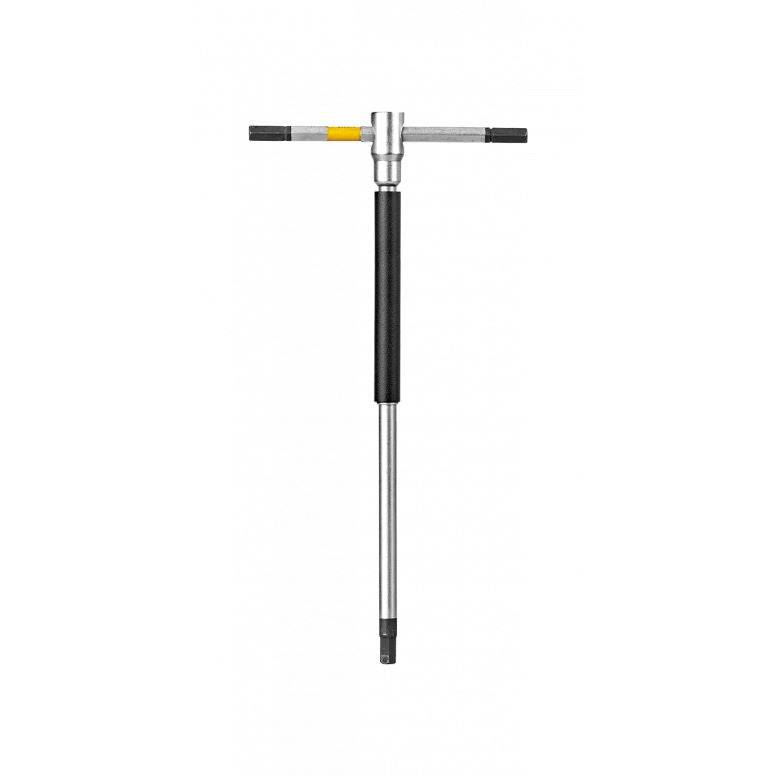 Topeak T-Hex Speed Wrench Set with sliding T-handle and tool holder, black, for workshop use, displayed on a workbench.