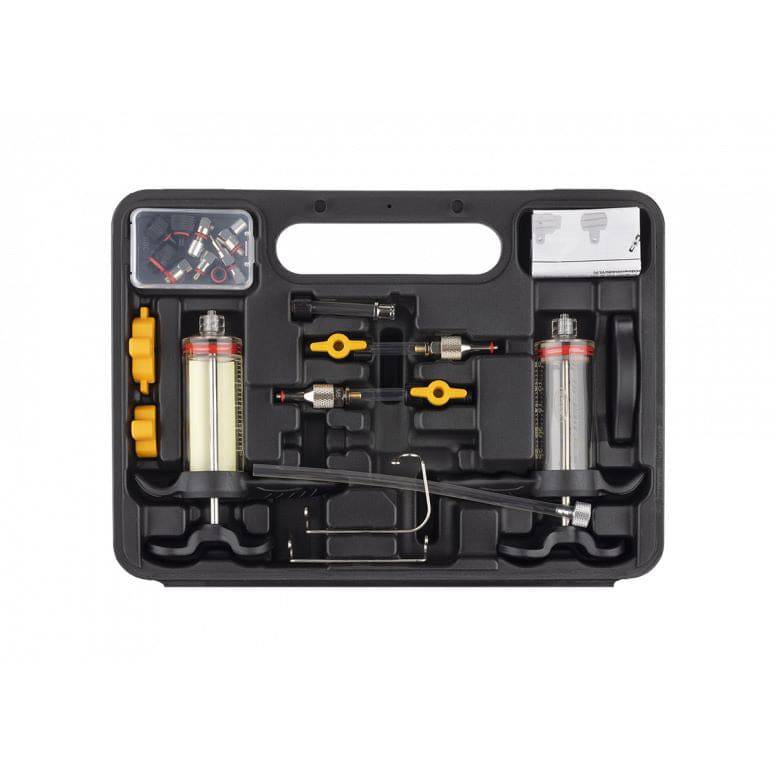 Jagwire Elite Mineral Oil Hydraulic Disc Brake Bleed Kit with syringes and bleed blocks for bike workshop maintenance.