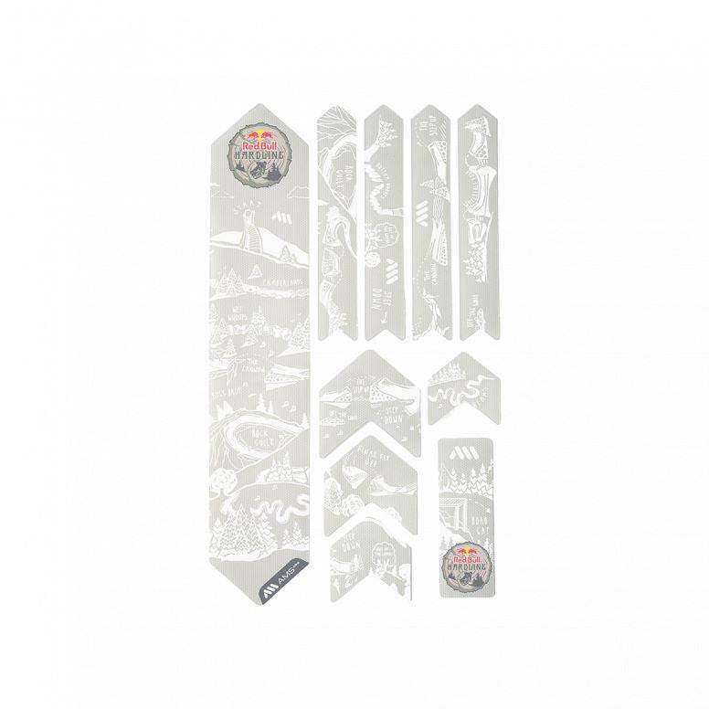 All Mountain Style Red Bull Hardline protection kit with frame guard and stickers for mountain bike accessories.