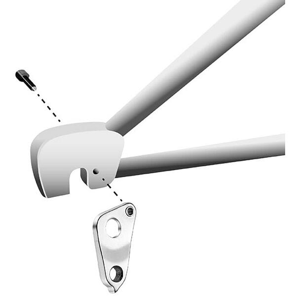 M Part gear hanger for Specialized bikes, durable frame protection component, shown attached to bike frame in a close-up image.