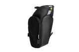 Topeak Mondopack XL expandable saddle bag with strap mount in black and yellow, shown attached to bicycle saddle.