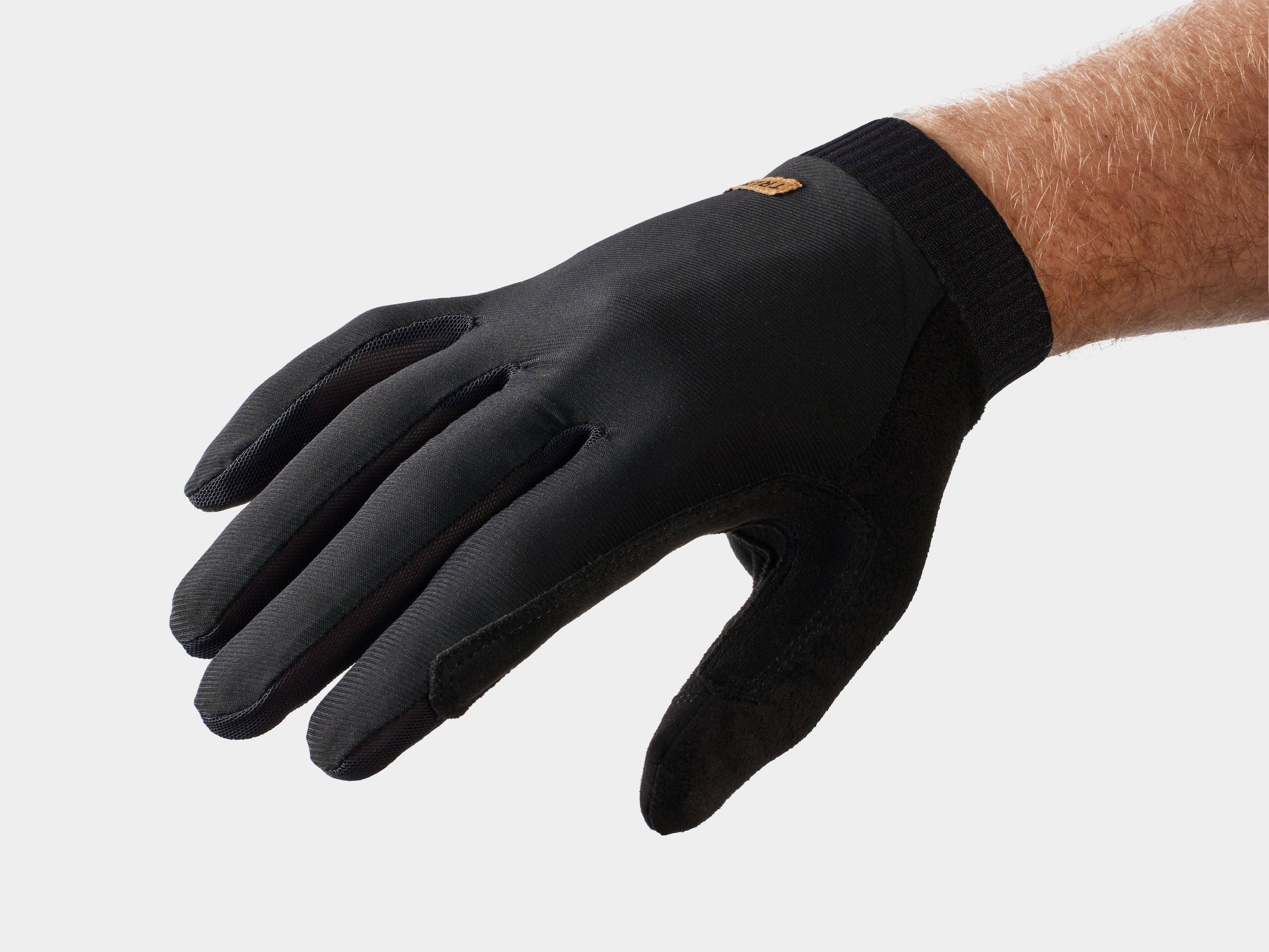 Trek Evoke unisex mountain bike gloves showing breathable fabric, touchscreen fingertips, and secure wrist closure.