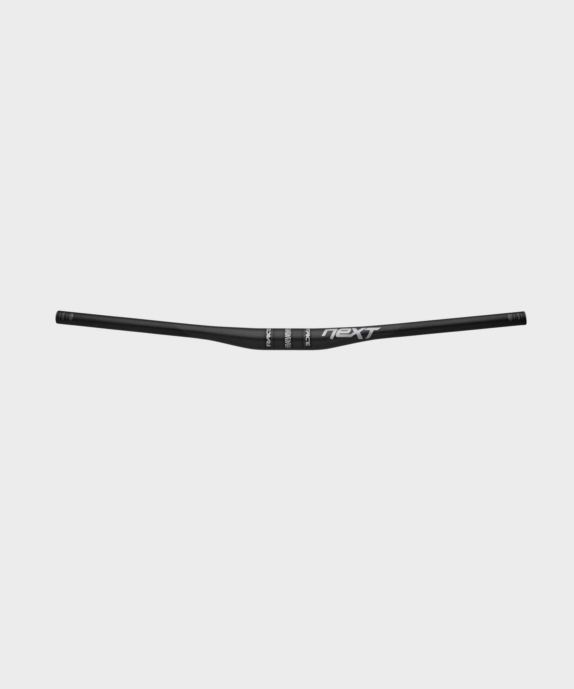 Race Face Next 35mm MTB handlebar in black, 760mm length, carbon fiber, superlow rise for XC and trail riding.