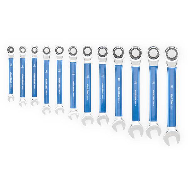 Park Tool MWR-SET ratcheting metric wrench set with 6mm to 17mm wrenches, ideal for precision workshop work.