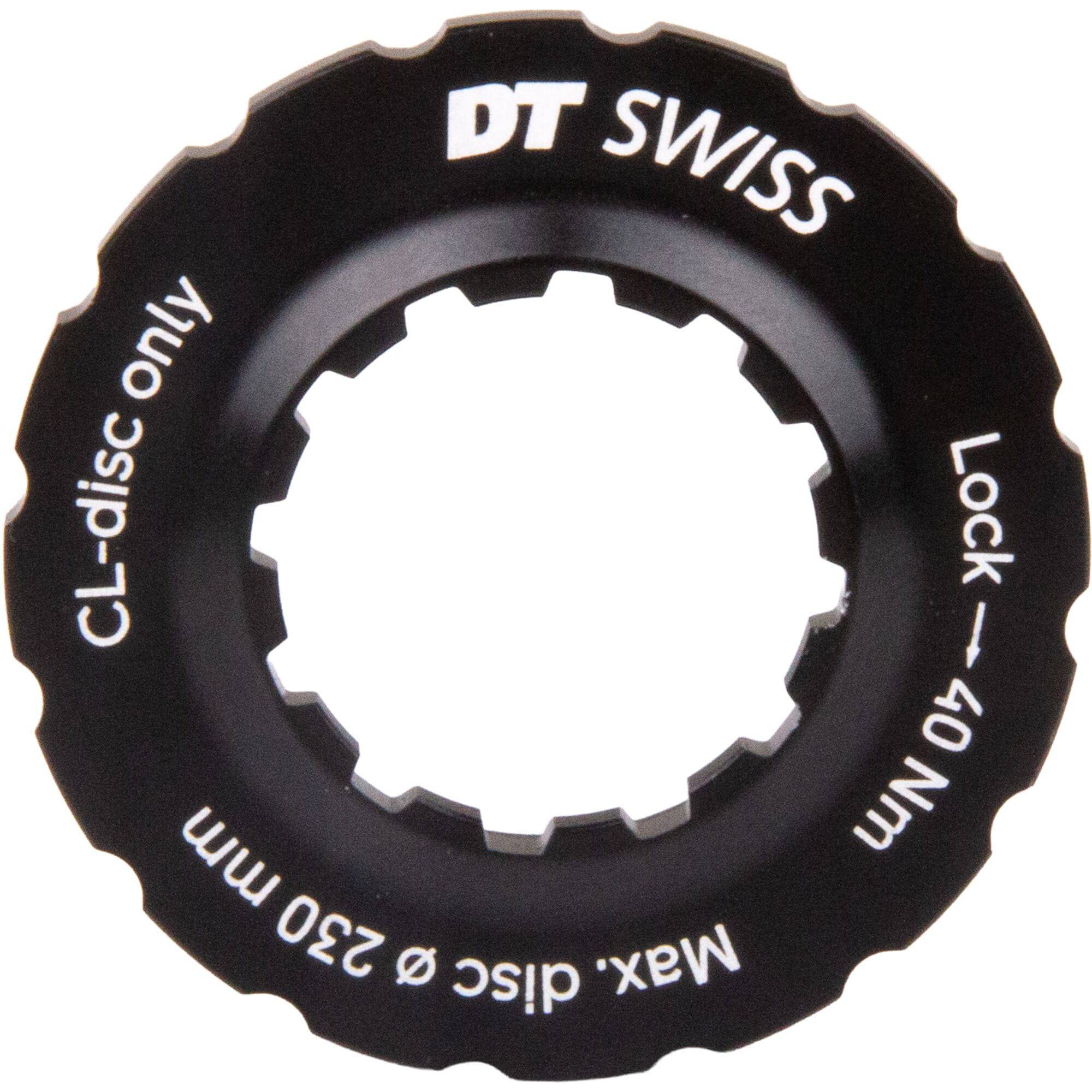 DT Swiss Dual-Spline Universal Centre-Lock lockring for bike hubs, showing the metal component with threading for secure attachment.