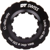 DT Swiss Dual-Spline Universal Centre-Lock lockring for bike hubs, showing the metal component with threading for secure attachment.
