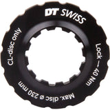 DT Swiss Dual-Spline Universal Centre-Lock lockring for bike hubs, showing the metal component with threading for secure attachment.