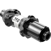 DT Swiss 350 Straight Pull rear disc hub with Center-Lock, 142x12mm, Shimano Road, 24H, black, mounted on a bicycle wheel.