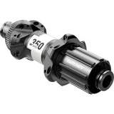 DT Swiss 350 Straight Pull rear disc hub with Center-Lock, 142x12mm, Shimano Road, 24H, black, mounted on a bicycle wheel.