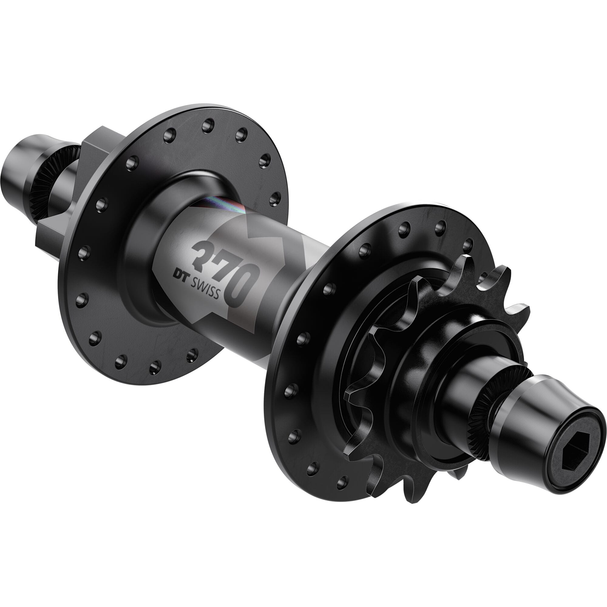 Black DT Swiss 370 Classic rear disc hub with 6-bolt mount, 135x10mm axle, singlespeed, 32H for bicycle wheel components.