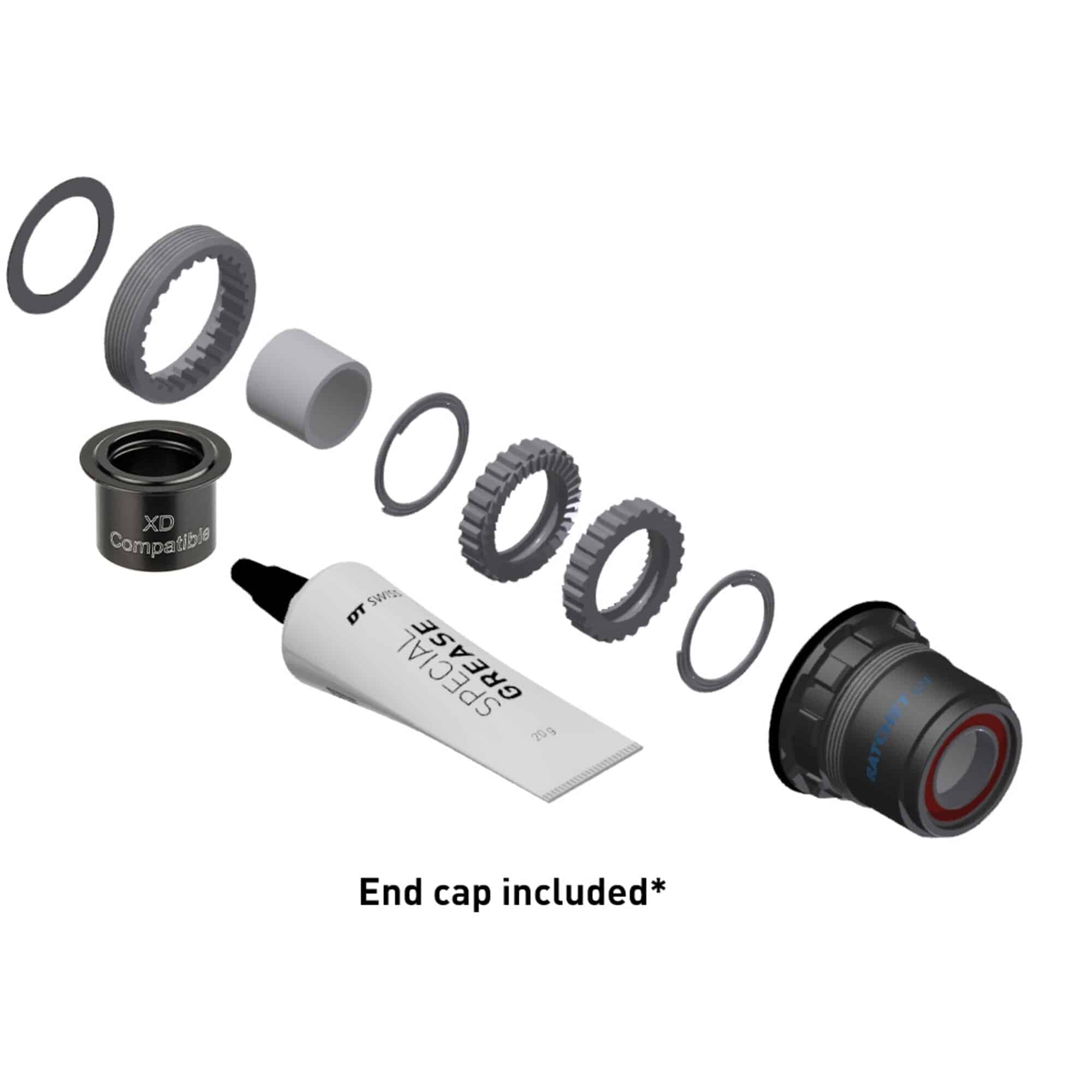 DT Swiss Ratchet LN Freehub Conversion Kit for 3-Pawl MTB hubs with 36-tooth ratchet, shown with components and parts.