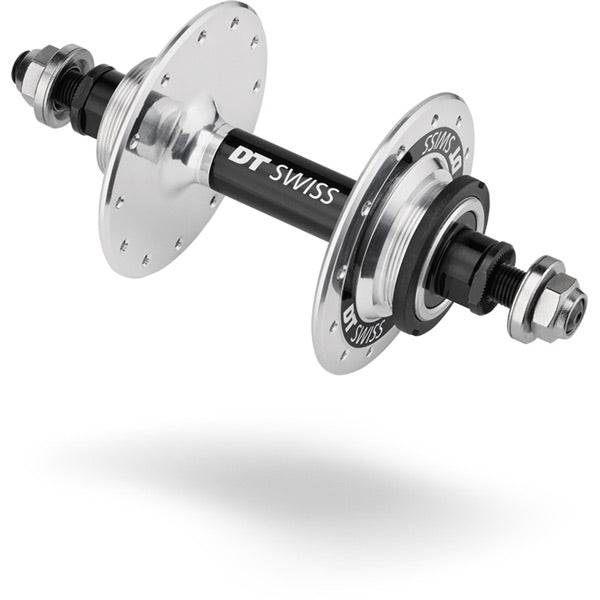 Silver DT Swiss Track Rear Hub with 120mm bolt-on axle, 24 holes, designed for fixed gear bicycles, shown from the side.
