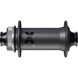 Shimano XTR HB-M9210 front hub with Center Lock disc rotor for MTB, 110x15mm axle, black finish, detailed component image.