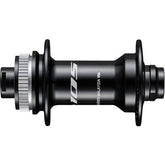 Shimano 105 HB-R7070 front hub with 100x12mm axle, Centre-Lock disc, 32 holes, black bicycle component.