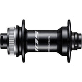 Shimano 105 HB-R7070 front hub with 100x12mm axle, Centre-Lock disc, 32 holes, black bicycle component.