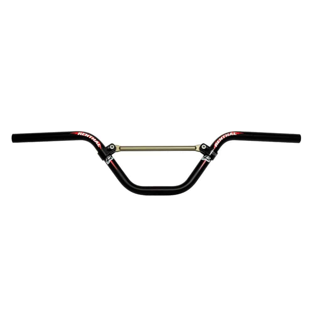 Renthal Moto BMX race handlebar with X brace for precise control, shown with its sturdy design and ergonomic grip details.