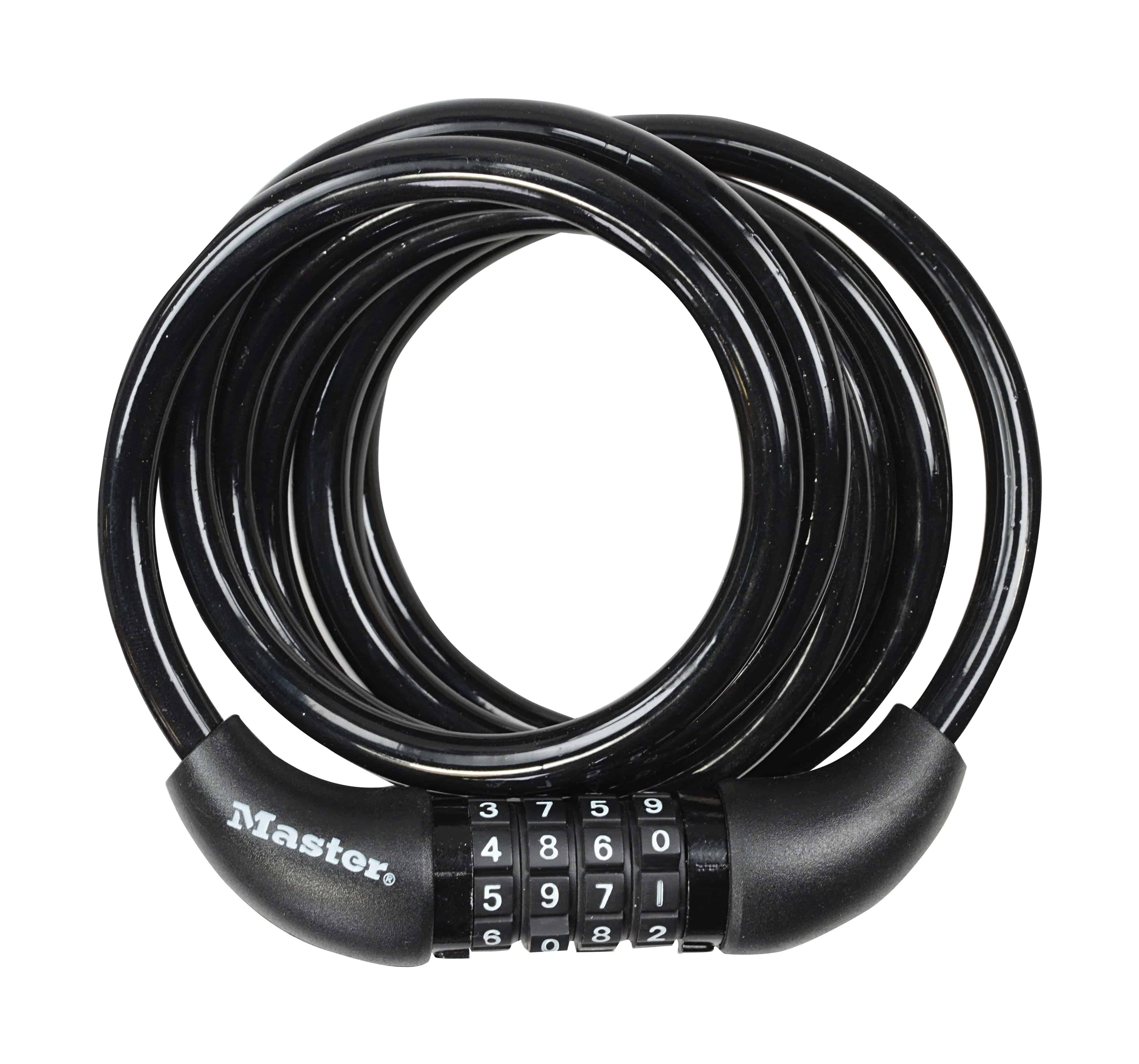 Master Lock 8221 cable combination lock with 8mm thick steel cable, 1.8m length, 4-dial set-your-own code, accessory security lock