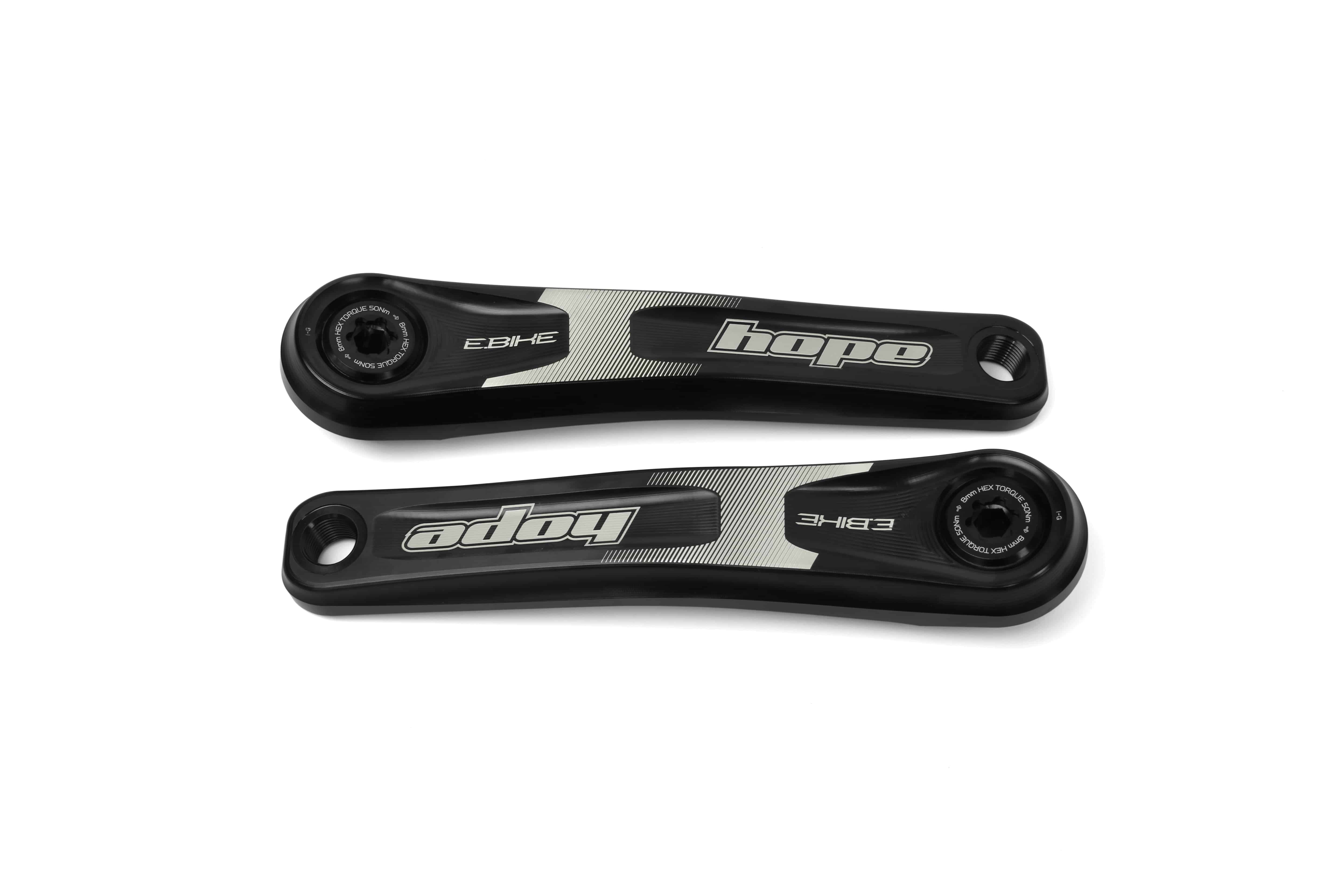 Hope E-Bike crankset with standard offset, showing the sleek metal components designed for smooth pedaling and efficient power transfer.