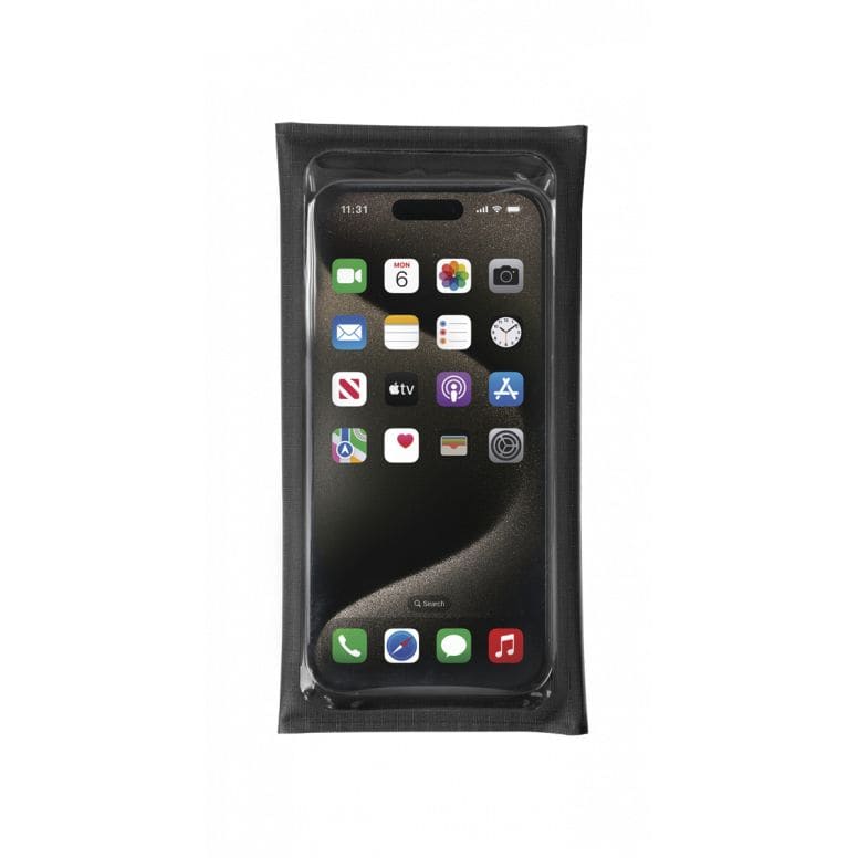 Topeak Drywallet Large waterproof phone wallet in black with IPX5 protection, designed for cycling accessories and outdoor use.