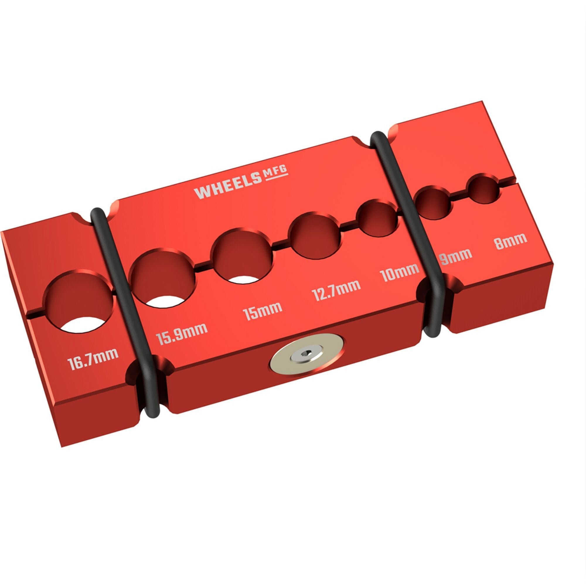 Wheels Manufacturing small shaft clamp set for bike axle and suspension repair, workshop tool with metal clamps and handles.