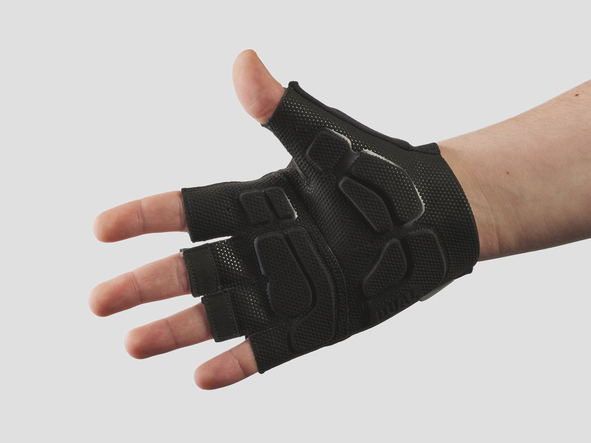 Trek Velocis unisex cycling gloves with dual foam gel padding, breathable fabric, and adjustable wrist straps for comfort.