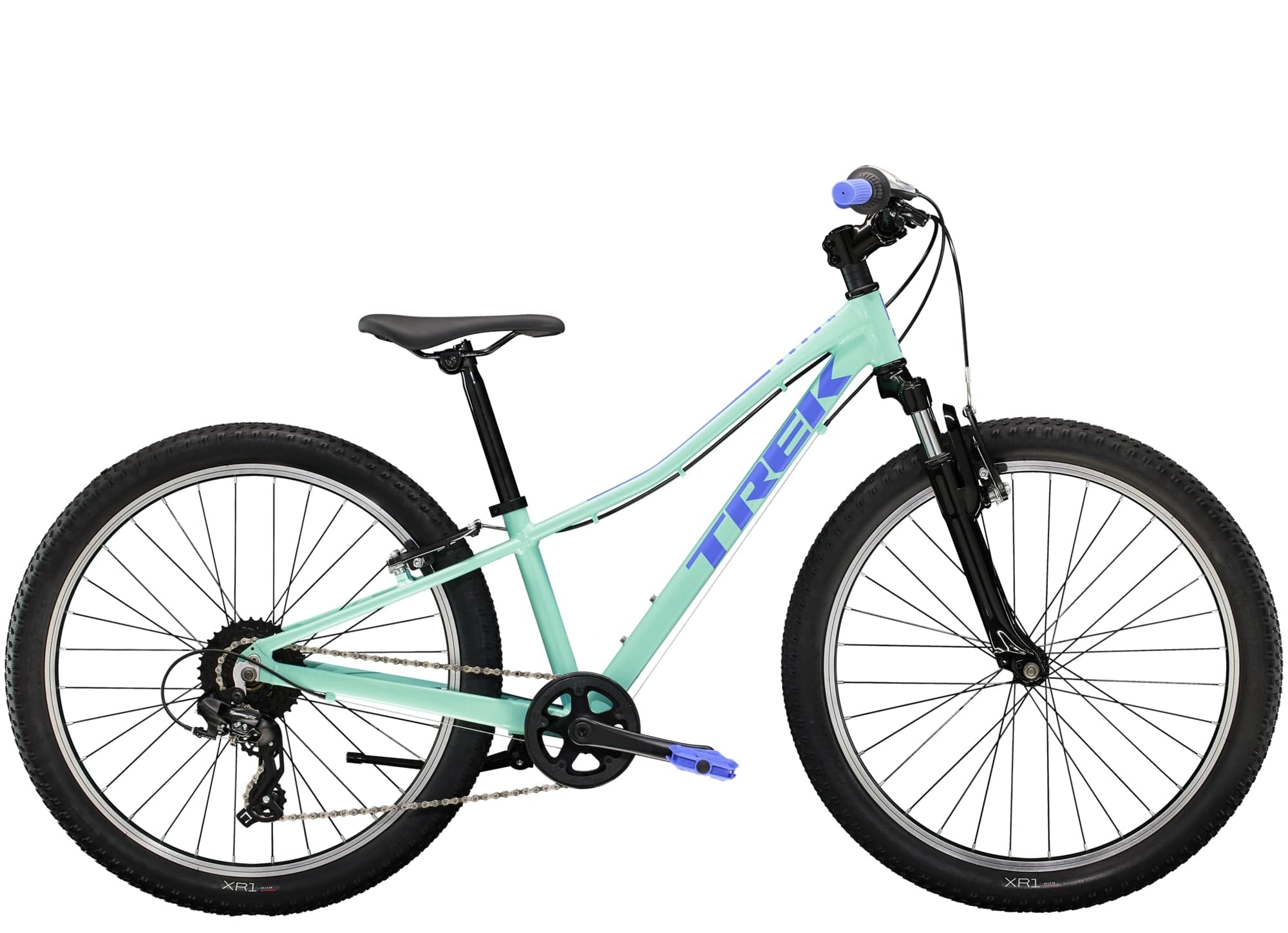Trek Precaliber 24 kids bike with 8-speed twist shift and suspension, featuring a sturdy frame and colorful design for children.