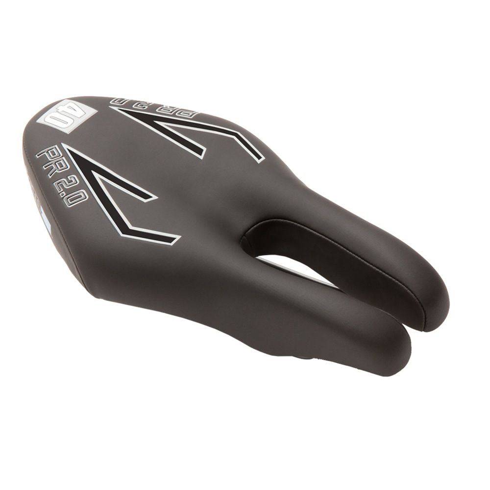 ISM PR 2.0 black nose-less cycling saddle for road, triathlon, and hybrid bikes, shown from the side with sleek design.