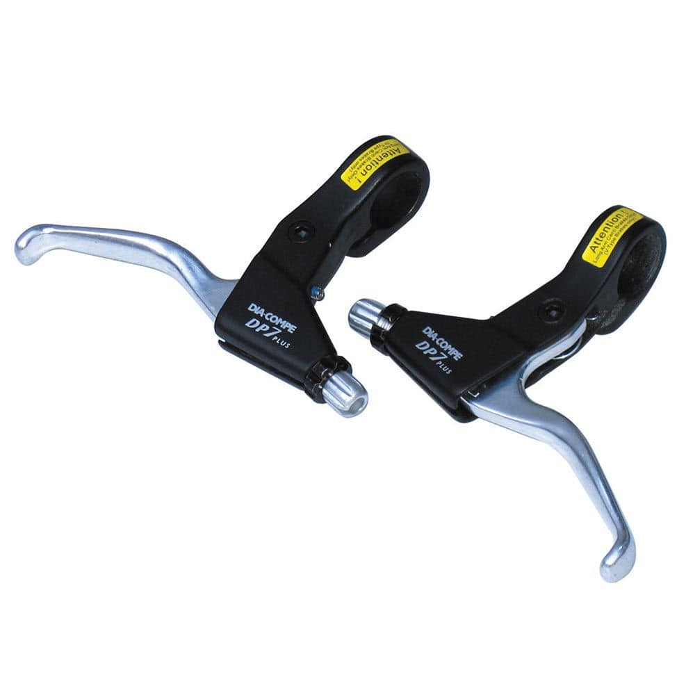 Dia-Compe DP-7 MTB brake levers for disc and V-brakes with adjustable reach, shown mounted on a mountain bike handlebar.