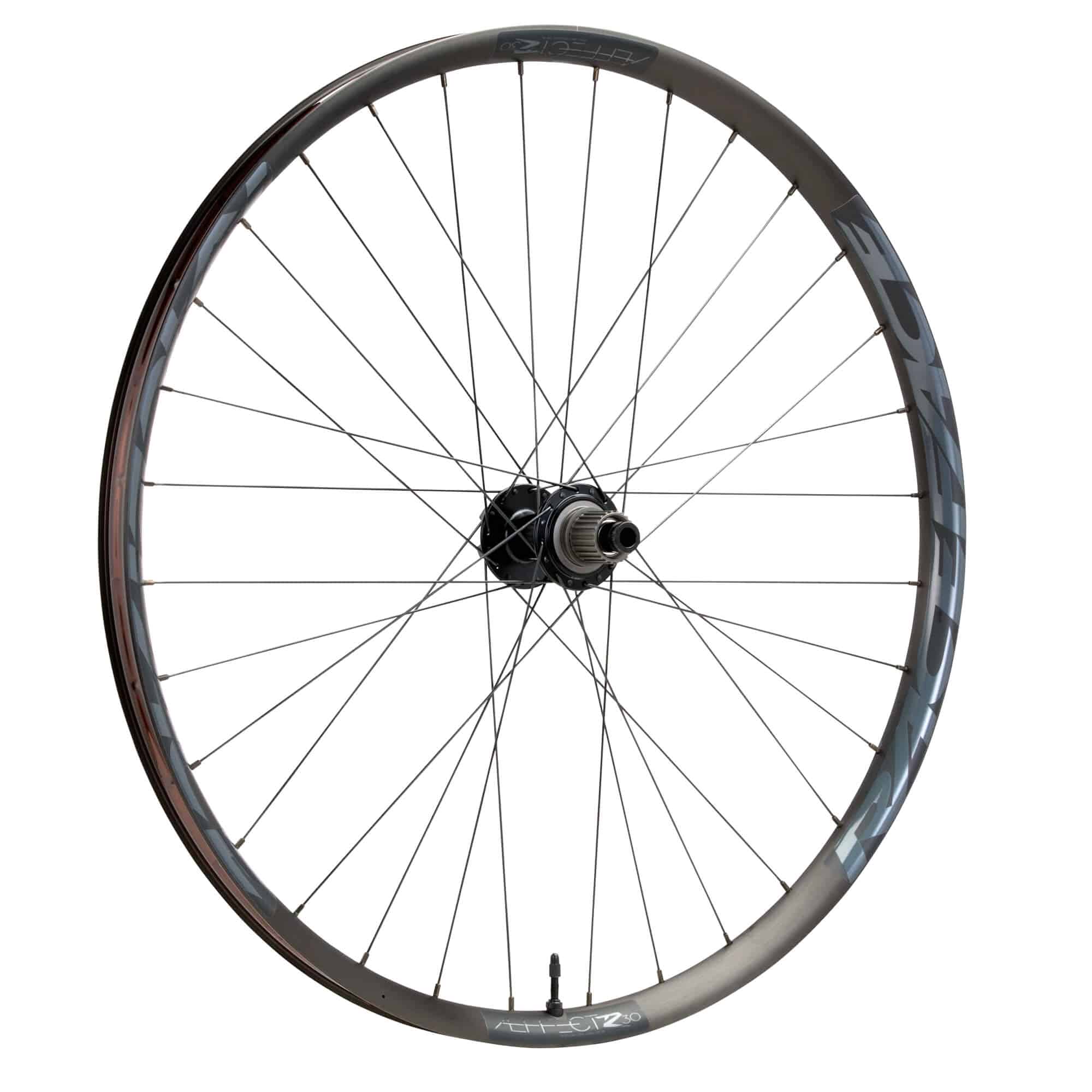Race Face Affect R E-MTB rear wheel with 30mm tubeless-ready rim for 27.5 or 29-inch mountain bikes, showcasing the wheel's design.