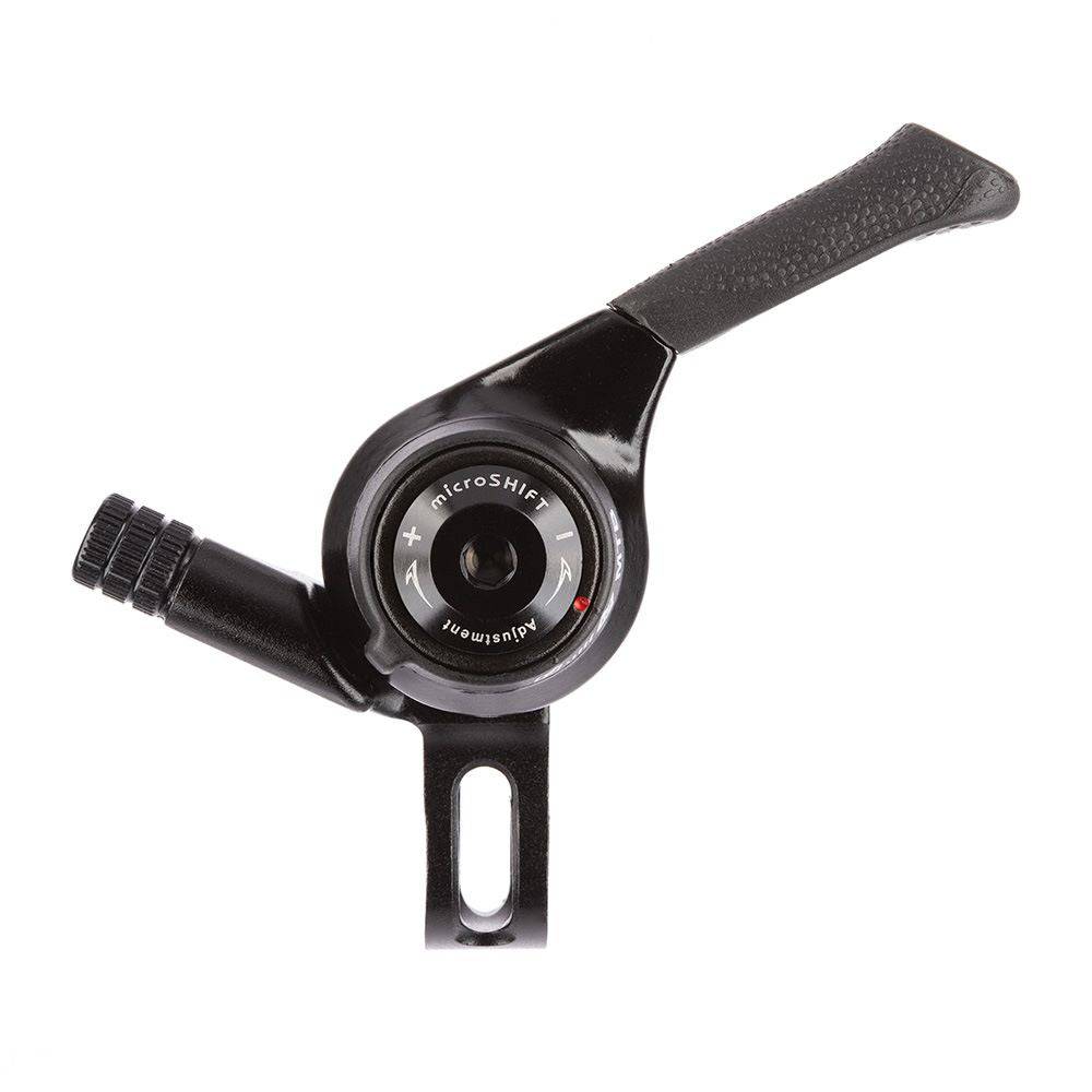 MicroSHIFT MTB thumb shifters with 22.2mm clamp, featuring indexed and friction modes for bike handlebar gear shifting.
