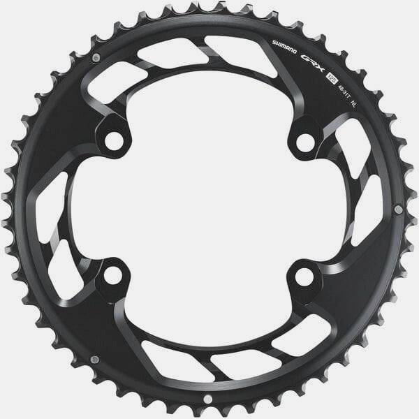 Shimano GRX FC-RX820-2 12-speed double chainring with 48T and 31T for gravel bike components, shown in close-up.
