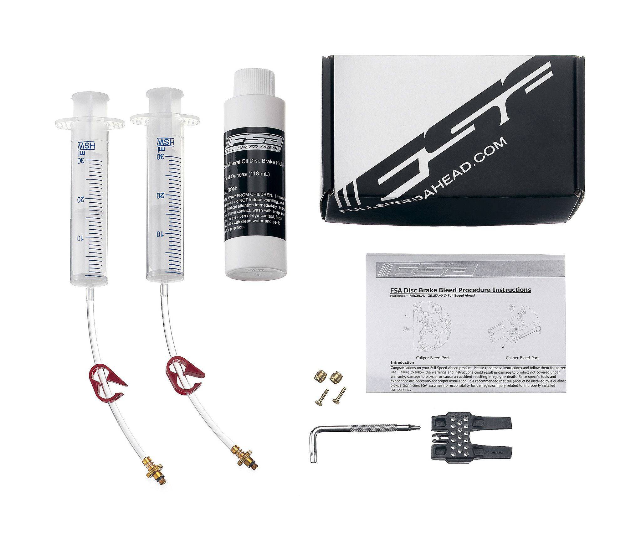 FSA K-Force WE RDB hydraulic disc brake bleed kit set with tools and components for bike maintenance, shown in workshop setting.