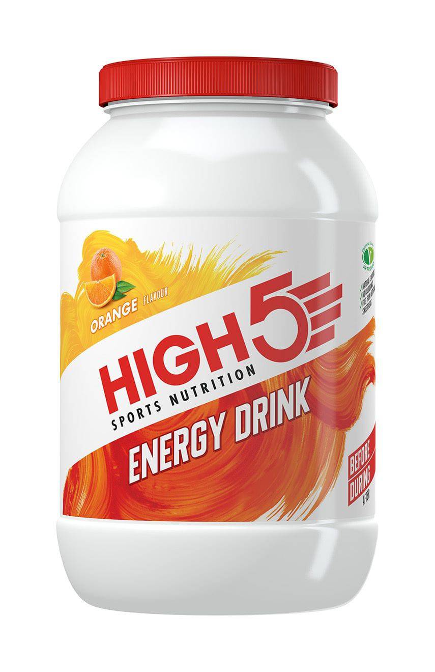 High5 Energy Drink tub 2.2kg, endurance carb and electrolyte sports drink supplement with colorful powder in a container.