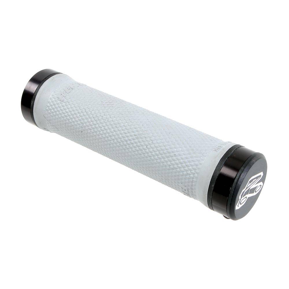 Renthal Lock-On MTB grips with CNC aluminum locking collars, light grey rubber handles for secure mountain bike grip.