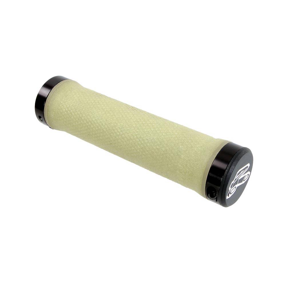 Renthal Lock-On MTB grips with CNC aluminum locking collars, providing a secure and comfortable grip for mountain biking.