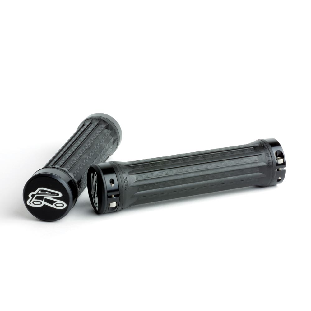 Renthal Traction MTB grips with CNC locking collars, featuring textured surface for improved bike handlebar control.