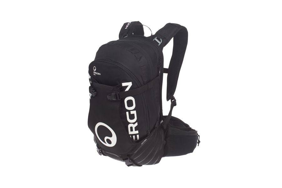 Ergon BA3 adjustable enduro and all-mountain panniers with hydration compartment mounted on mountain bike.