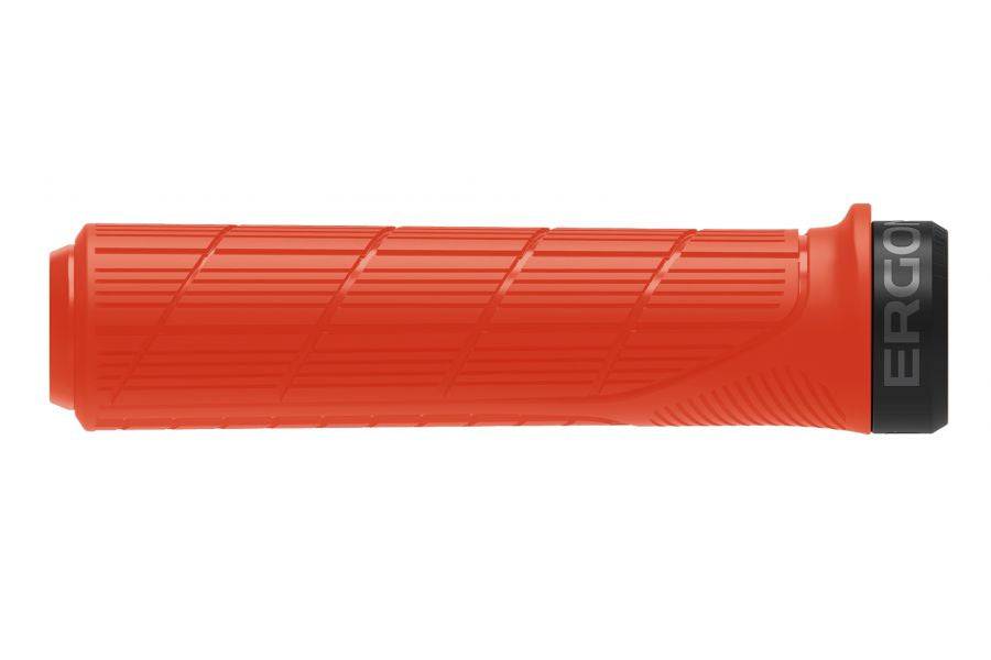Ergon GD1 Evo Factory mountain bike grips with black rubber handles and CNC aluminum clamps, designed for secure mountain biking.