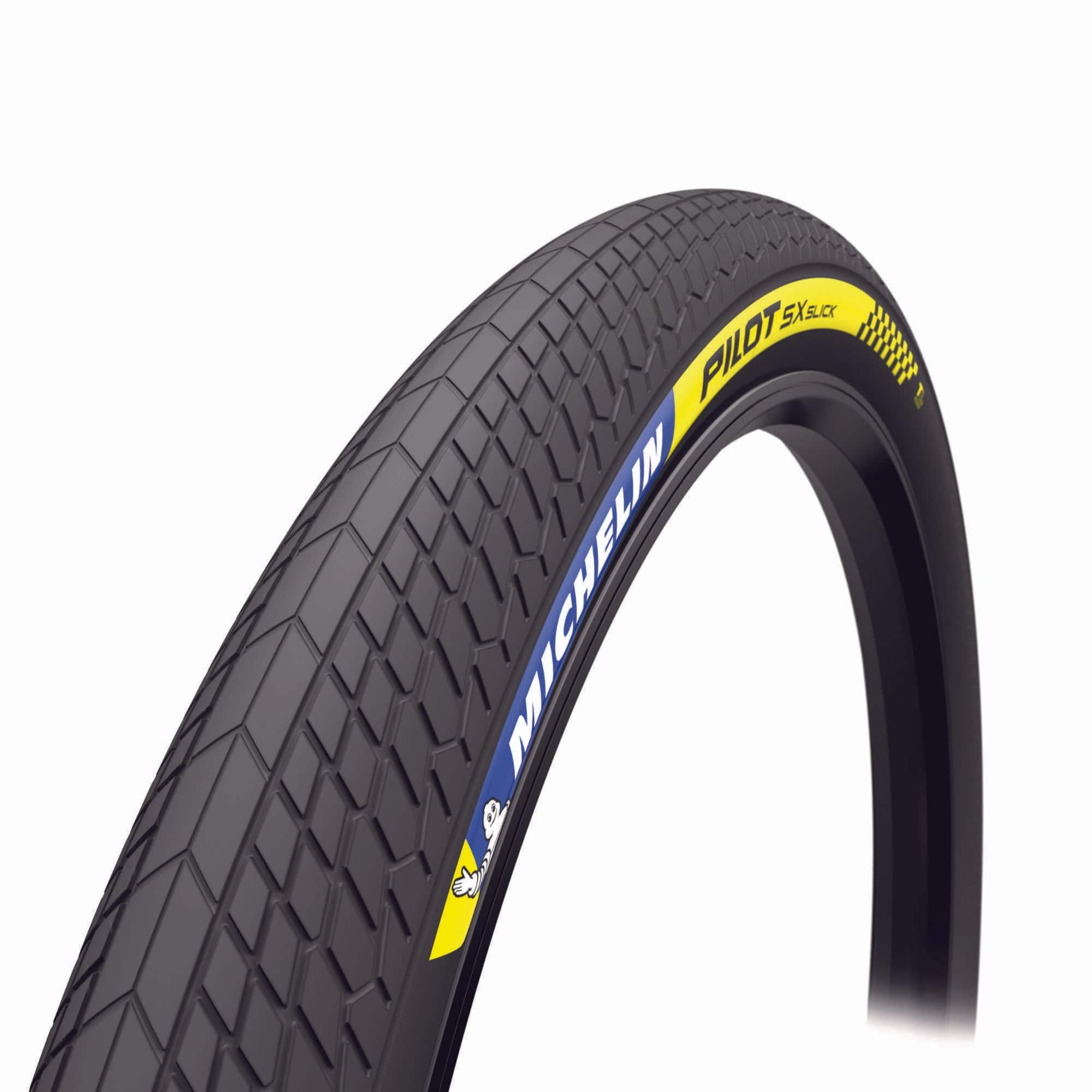 Michelin Pilot SX Slick BMX racing tyre with tubeless ready design and 60 TPI casing, showing a close-up of the tyre tread and sidewall.