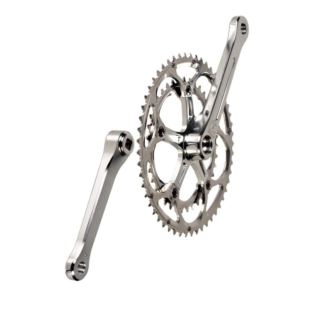 Genetic Heritage double crankset with 53/39T CNC alloy chainrings for road bikes, showing polished silver finish and chainring details.