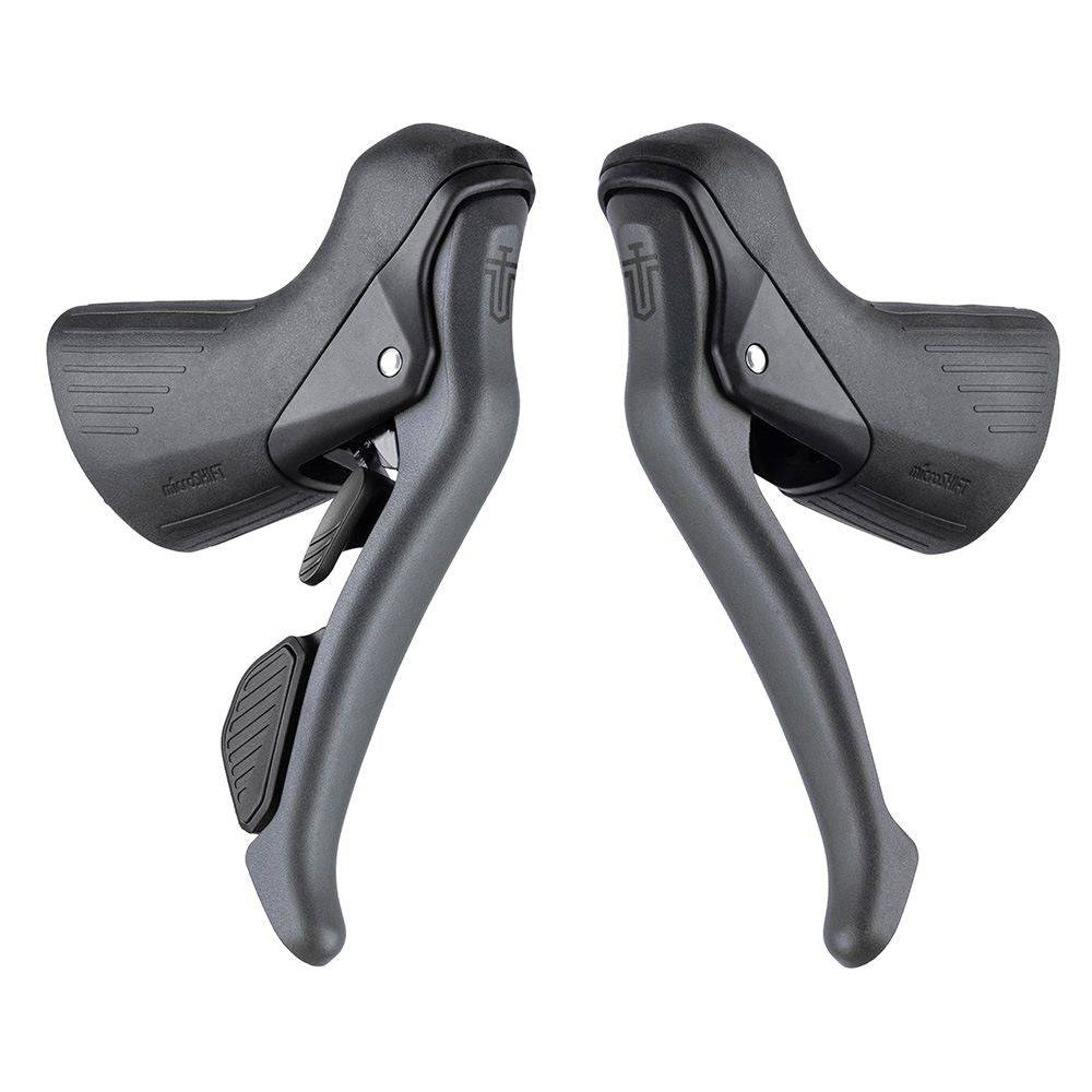 MicroSHIFT Sword 10-speed drop bar gravel shifters with mechanical disc brake levers, black ergonomic component for gravel bikes.