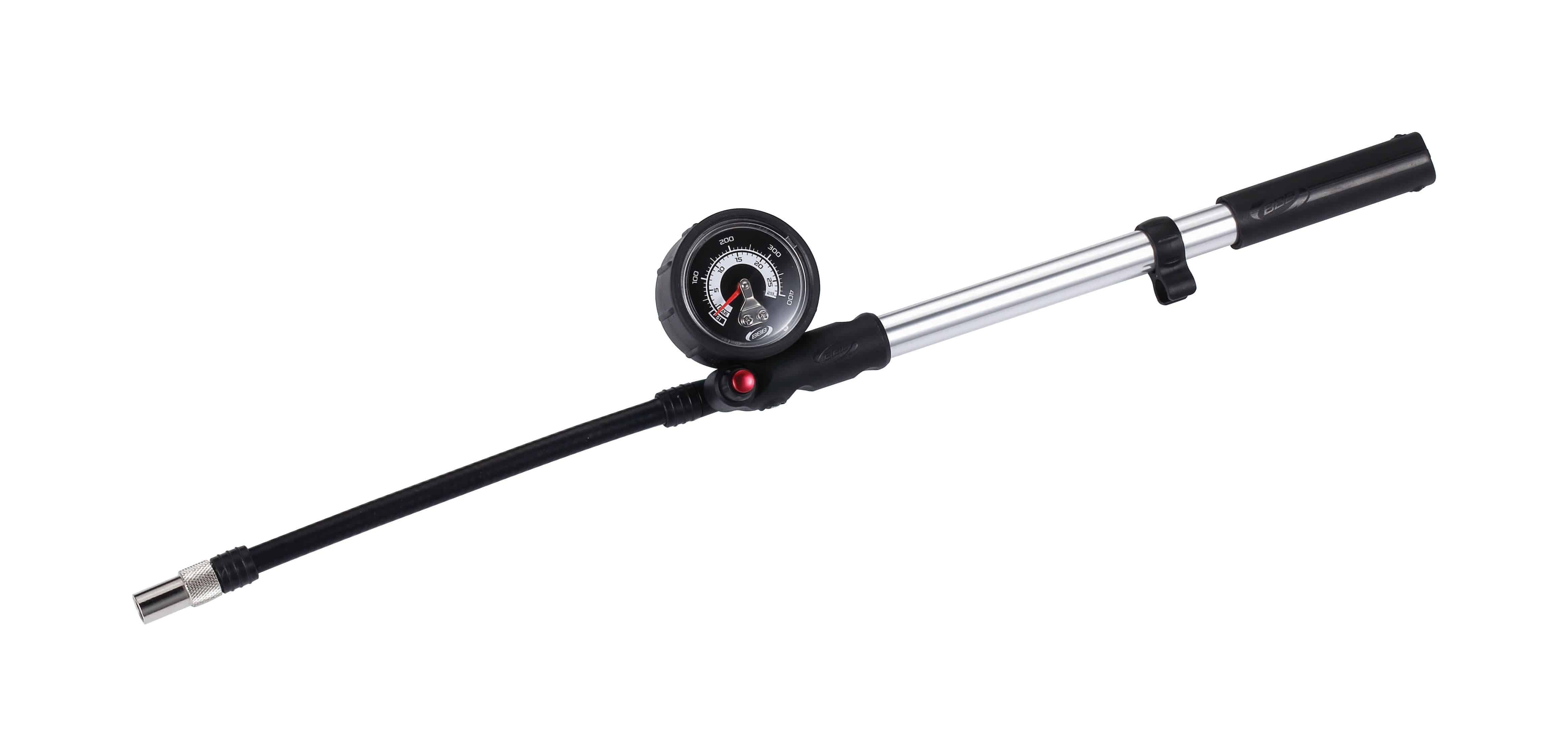 BBB BMP-29 AirShock shock pump with analog gauge for bike suspension, compact bike accessories for precise inflation.