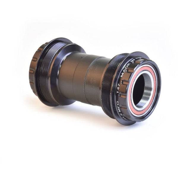 Wheels Manufacturing T47 outboard angular contact bearings bottom bracket for 24mm cranksets, close-up of the bike component.