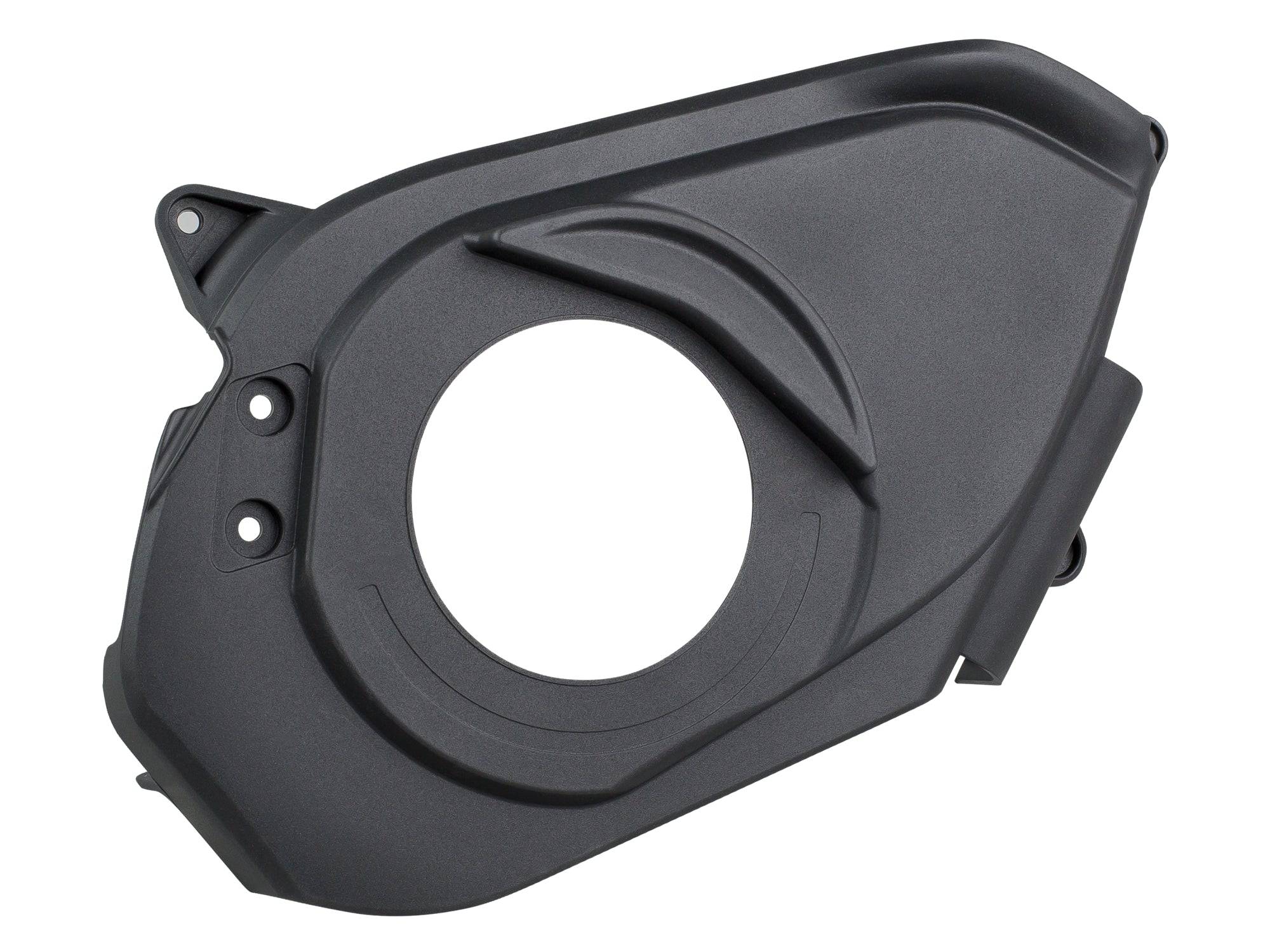 Black Trek Powerfly 2018 e-MTB drive-side motor cover for motor protection on electric mountain bikes.
