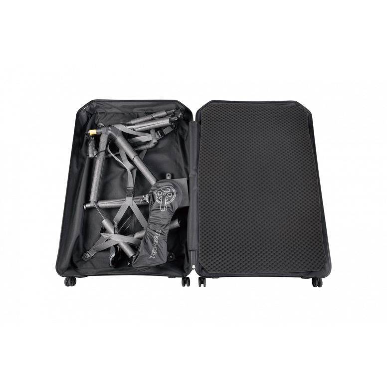 Topeak Pakgo EX bike transport case in black with multi-directional wheels and sturdy handle for easy cycling gear travel.